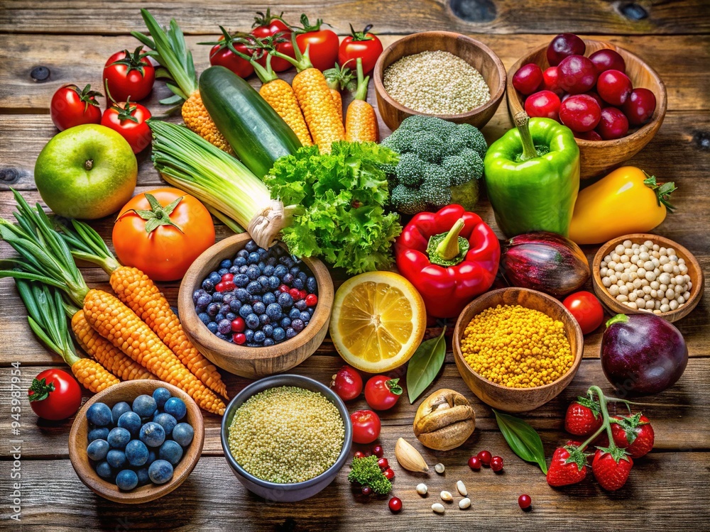 A vibrant and colorful arrangement of fresh fruits, vegetables, and whole grains on a rustic wooden table, evoking feelings of wellness and joyful nourishment. A vibrant and colorful arrangement of fresh fruits, vegetables, and whole grains on a rustic wooden table, evoking feelings of wellness and joyful nourishment.