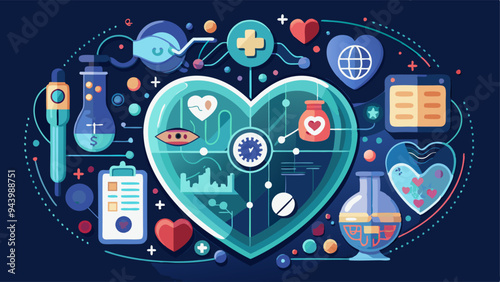 Health care and science icons medical innovation concept in heart shaped hologram. Abstract geometric futuristic technology background