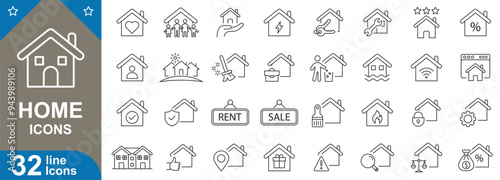 Home line icons set. House, real estate, property, family, architecture, shelter, space, residential, building, security and more. vector illustrator.