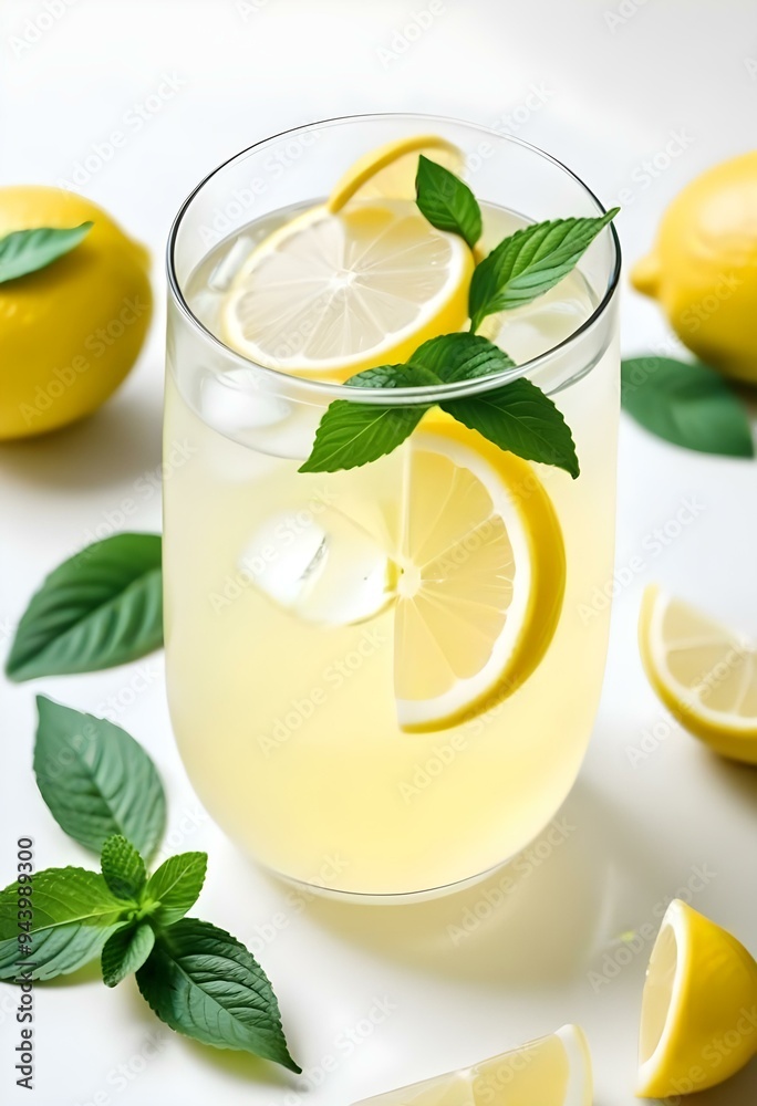 A glass of lemonade with lemon slices and mint leaves, surrounded by fresh lemons on a neutral monochrome background, vector, cut, free A glass of lemonade with lemon slices and mint leaves, surrounded by fresh lemons on a neutral monochrome background, vector, cut, free