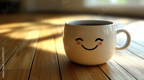 Smiling Coffee Mug on Wooden Floor