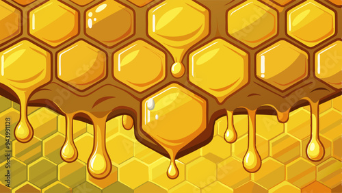 Sweet gold dripping honey on honeycomb background