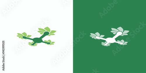 Drone vector logo design with leaf shape propeller in modern, simple, clean and abstract style. Icon for business, research, landscaping and personal branding.