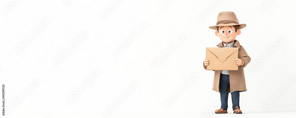 A cheerful cartoon character in a trench coat holds an envelope, ready to deliver exciting news or messages. A cheerful cartoon character in a trench coat holds an envelope, ready to deliver exciting news or messages.