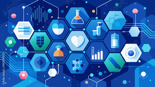 Medicine and science with abstract digital hi tech hexagons on blue background