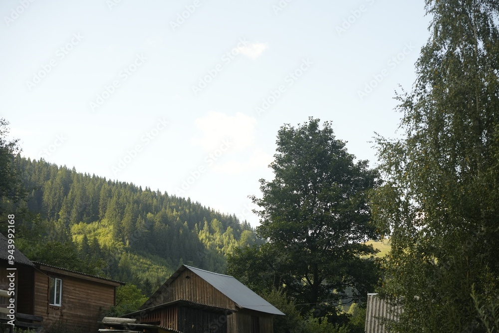Beautiful view of houses and trees in mountains Beautiful view of houses and trees in mountains