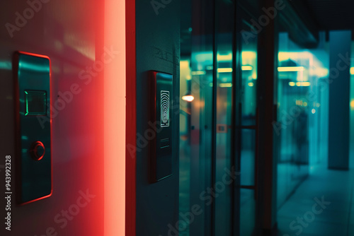 Concept of the future of security. Finger print scan access control system machine on wall near entrance door. Encryption for identity access verification or electronic signing