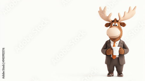 A cheerful cartoon moose in a suit holds a drink, ready for a fun business meeting or a lighthearted event. photo