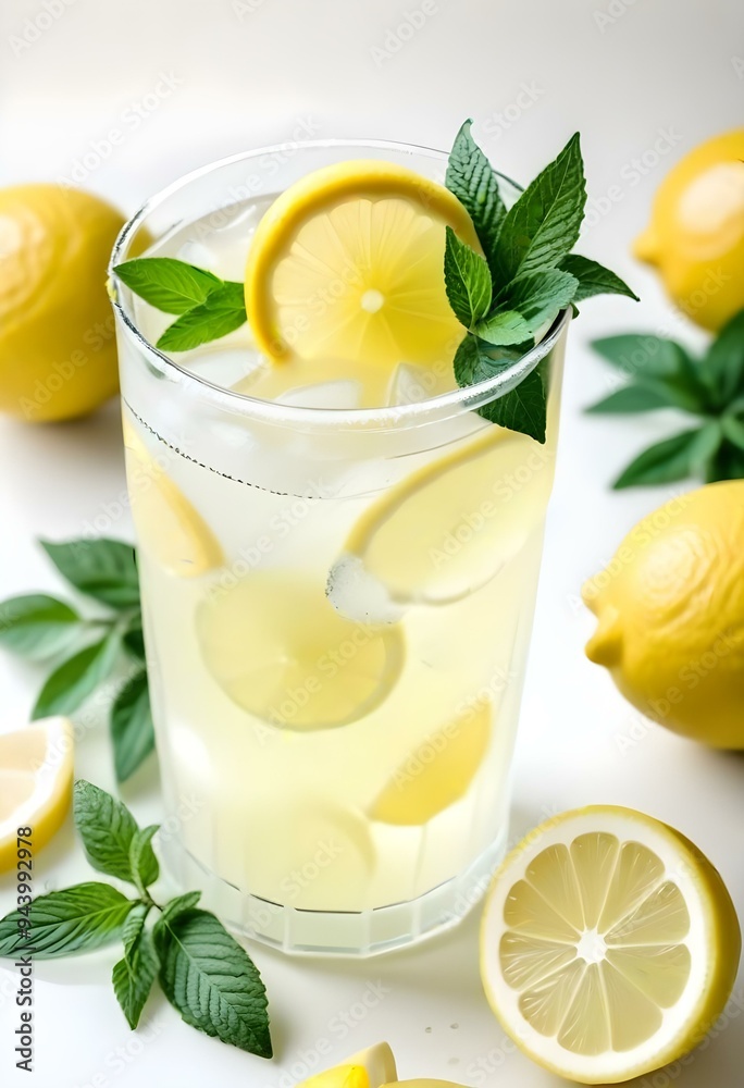 A glass of lemonade with lemon slices and mint leaves, surrounded by fresh lemons on a neutral monochrome background, vector, cut, free A glass of lemonade with lemon slices and mint leaves, surrounded by fresh lemons on a neutral monochrome background, vector, cut, free