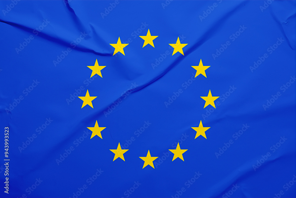 Flag of European Union, blue fabric with circle of stars Flag of European Union, blue fabric with circle of stars