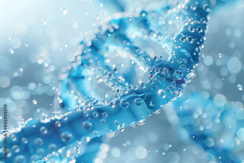 A blue DNA strand with many small blue droplets surrounding it A blue DNA strand with many small blue droplets surrounding it