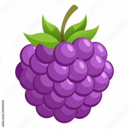 Illustration of a Single Purple Blackberry with Green Leaves