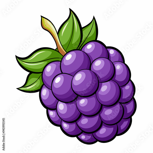 Cartoon Illustration of a Ripe Blackberry with Green Leaves