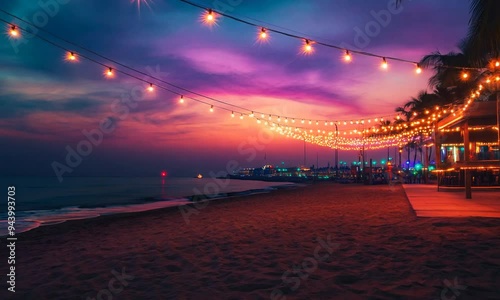 Beach Bar at Sunset with String Lights