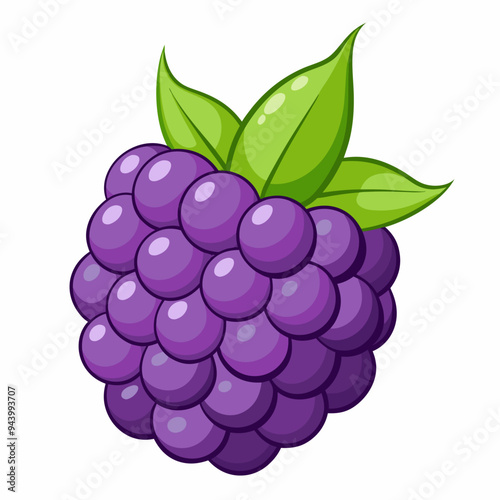 Cartoon Illustration of a Single Blackberry with Green Leaves