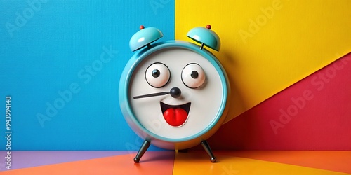 A whimsical clock with a comically oversized minute hand and goofy facial expression sits on a colorful background, conveying a lighthearted and humorous atmosphere. photo