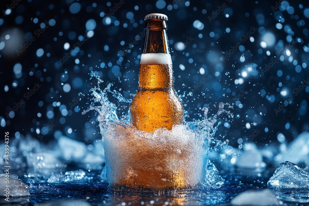 A bottle of beer, bursting out from an ice bucket filled with water, surrounded by blue light in a dynamic scene. Background is dark blue. Beer and Oktoberfest advertising. Copy space A bottle of beer, bursting out from an ice bucket filled with water, surrounded by blue light in a dynamic scene. Background is dark blue. Beer and Oktoberfest advertising. Copy space