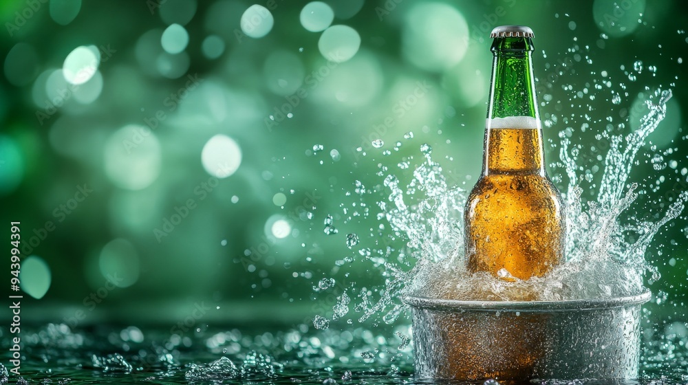 A bottle of beer, bursting out from an ice bucket filled with water, surrounded by green light in a dynamic scene. Background is dark green. Beer and Oktoberfest advertising. Copy space A bottle of beer, bursting out from an ice bucket filled with water, surrounded by green light in a dynamic scene. Background is dark green. Beer and Oktoberfest advertising. Copy space