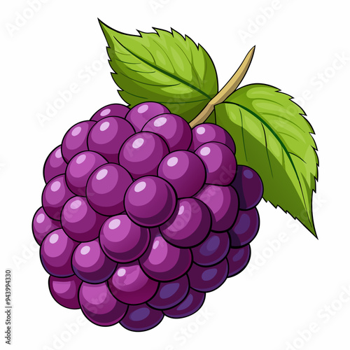 Cartoon Illustration of a Single Ripe Blackberry with a Leaf