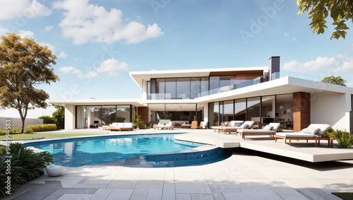 Wallpaper Mural This is a modern house with a pool, steps leading up to it, and a large lawn.

 Torontodigital.ca