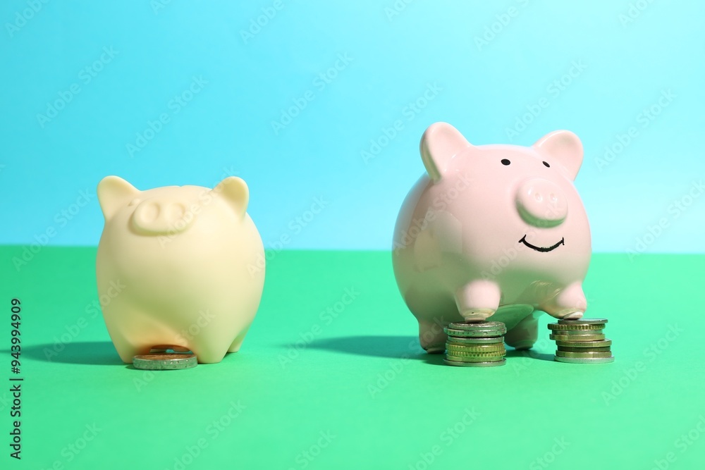 Financial inequality. One piggy bank with bigger stack of coins than another on color background Financial inequality. One piggy bank with bigger stack of coins than another on color background