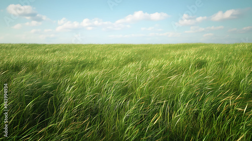 Lush green grass sways gently in breeze under clear blue sky, evoking sense of tranquility and peace.