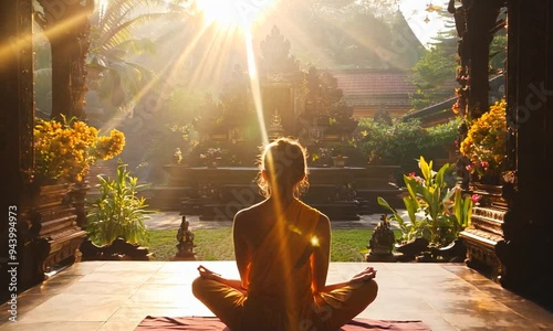 Yoga Practice in Bali Temple at Sunrise