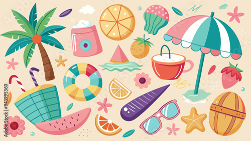 Summer elements design set with hand drawn