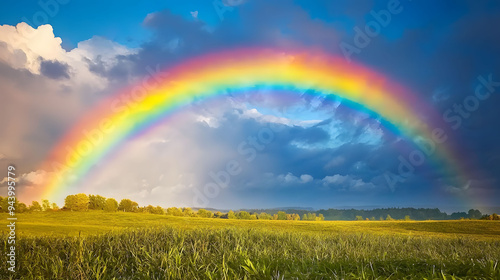 A vibrant rainbow arcs across clear blue sky, casting colorful reflections over lush green field. scene evokes sense of peace and wonder.