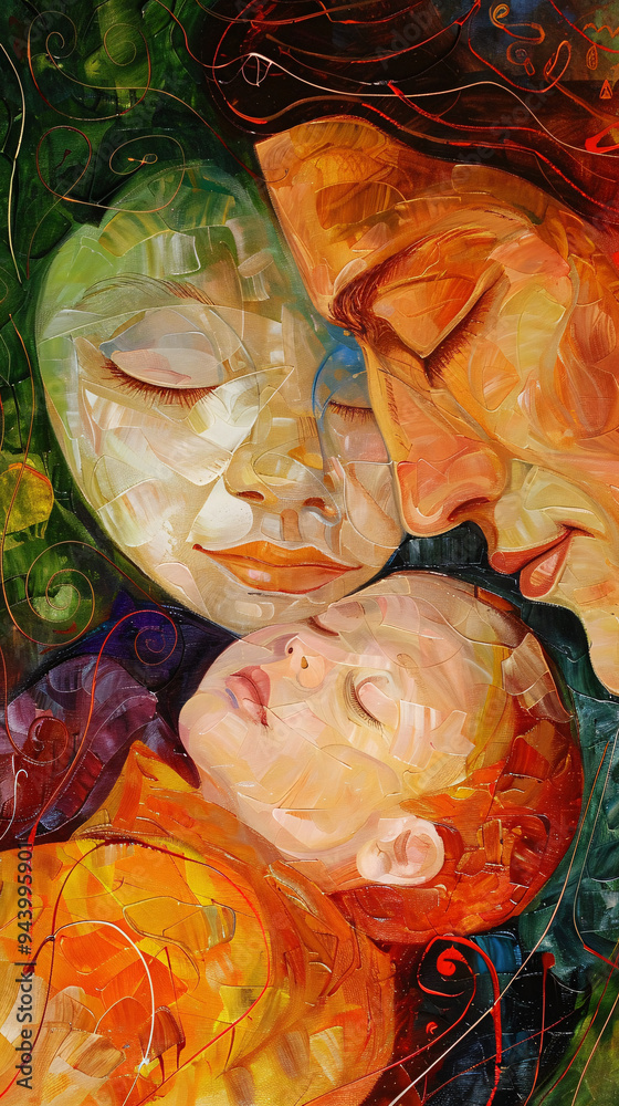 Obraz premium 2d painting of mother with newborn sleeping baby, illustration of caring mom with kids, colorful composition for printed mother's day card, caring loving parent, happy calm mom holding her new baby