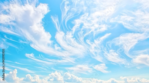 Bright blue sky with wispy clouds creating serene and peaceful atmosphere. soft, flowing patterns evoke sense of calm and tranquility.