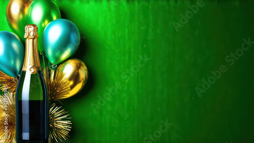 festive background with a bottle of champagne, balloons  and space for text