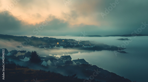 Misty landscape at dawn with serene village reflected in calm waters, evoking sense of tranquility and mystery.