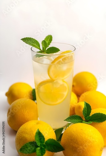 A glass of lemonade with lemon slices and mint leaves, surrounded by fresh lemons on a neutral monochrome background, vector, cut, free