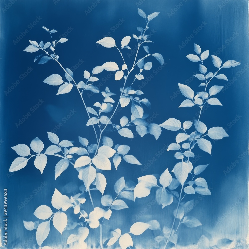 Fototapeta premium Сyanotype print illustration. Blue monochrome illustration with branches, flowers and natural elements. Background for banner or wallpaper.