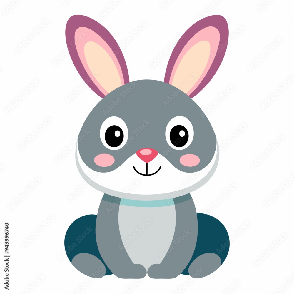 Fototapeta premium Cartoon Illustration of a Sitting Gray Bunny with Pink Ears