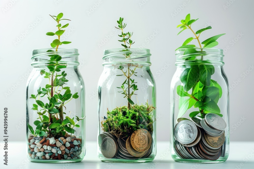 Three glass jars with plants and coins inside Three glass jars with plants and coins inside