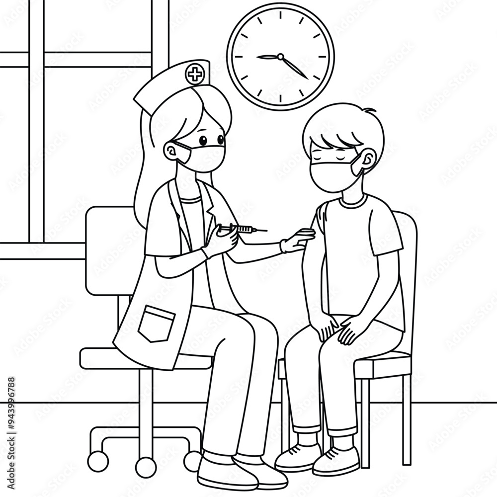 Nurse administering a vaccine to a patient in a clinic coloring page. Labor Day Hand Drawn Clip art Nurse administering a vaccine to a patient in a clinic coloring page. Labor Day Hand Drawn Clip art