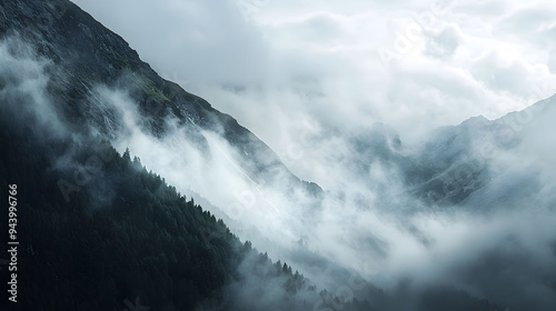 Misty mountains shrouded in clouds create serene and mysterious atmosphere. lush greenery contrasts with fog, evoking sense of tranquility and wonder.