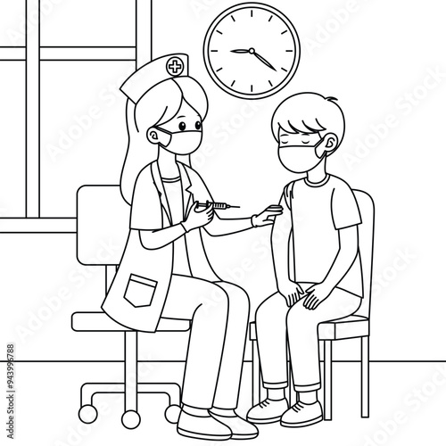 Nurse administering a vaccine to a patient in a clinic coloring page. Labor Day Hand Drawn Clip art