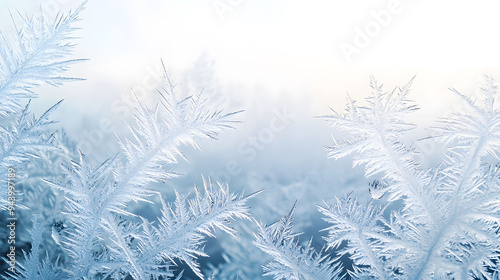 Delicate frost crystals glisten in soft light, creating serene winter landscape. scene evokes sense of tranquility and cold beauty.