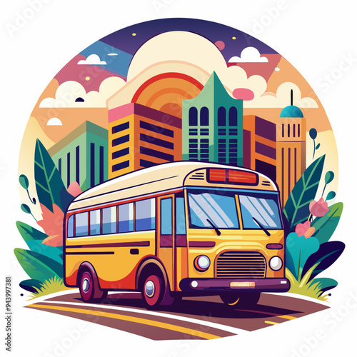 Yellow School Bus Driving Through a Cityscape