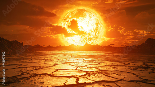 A stunning sunset illuminates cracked landscape, evoking sense of awe and wonder. vibrant sun casts warm glow, creating dramatic atmosphere.