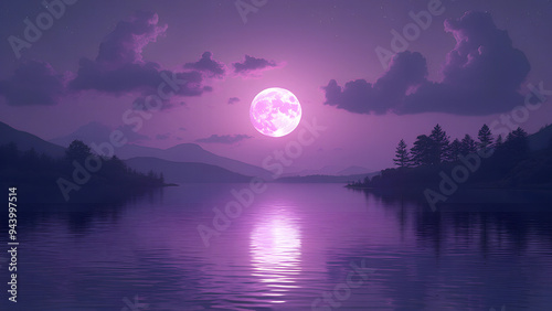 Purple sky, full moon over lake Tranquil dreams of purple and silver moonlight over the calm waters Generative AI photo