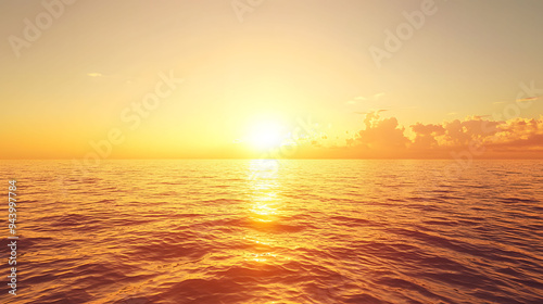 Serene sunset over ocean, casting golden reflections on waters surface, evoking sense of peace and tranquility.