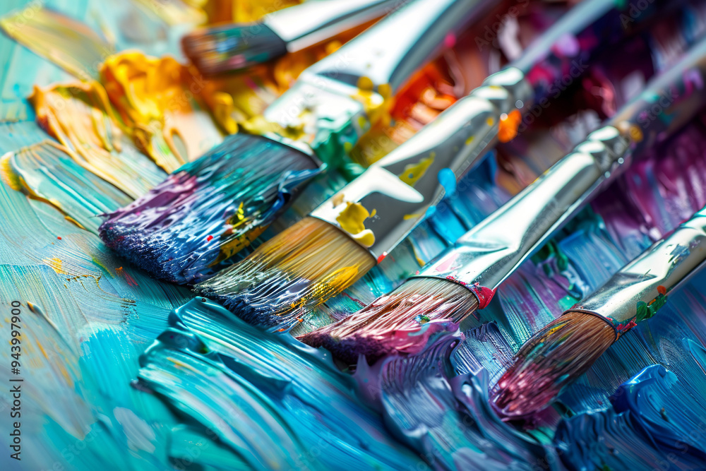 Row of artist paintbrushes closeup on artistic canvas. Set of accessories for painting with paints and brushes Row of artist paintbrushes closeup on artistic canvas. Set of accessories for painting with paints and brushes