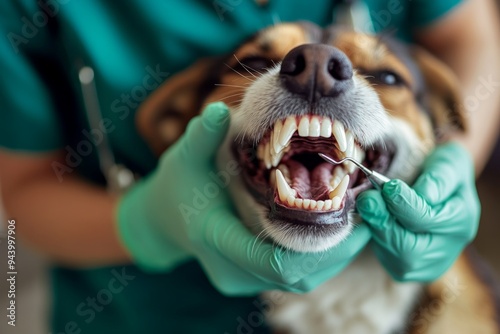 A veterinarian performs a dental checkup on a dog. Happy pet with a big smile. Focus on pet care, health, and trust. Perfect for pet clinics and educational materials. Generative AI photo