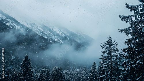 A serene winter landscape with snow falling gently over dense forest, creating tranquil and peaceful atmosphere.
