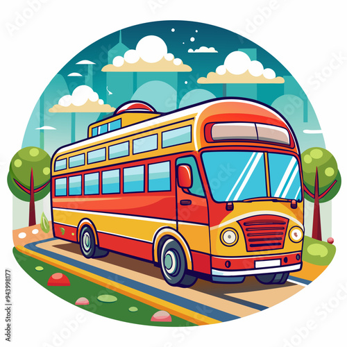 A Cartoon Illustration of a Red and Yellow Bus Driving Through a Cityscape