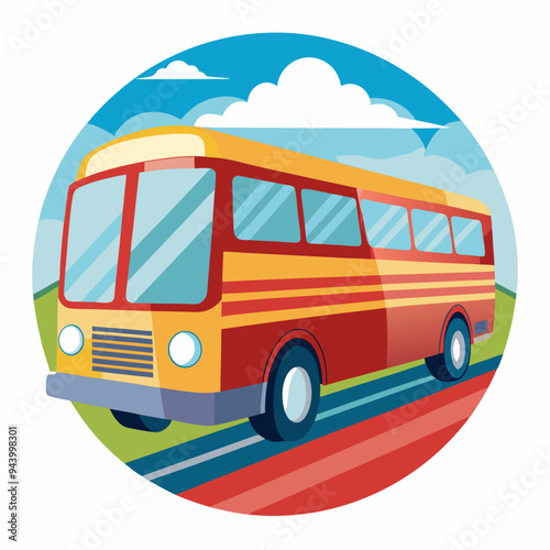 Red and Yellow Bus Driving on a Road with Blue Sky and White Clouds